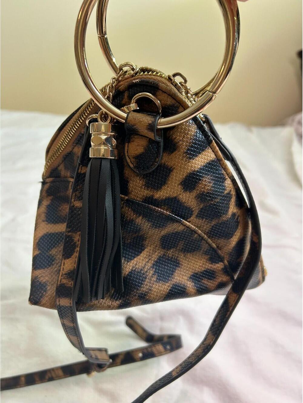Leopard Print Crossbody Bag Gold Ring Handle Tassel Satchel Handbag